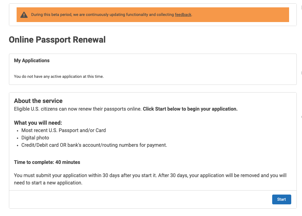 US Online Passport Renewal Step 1